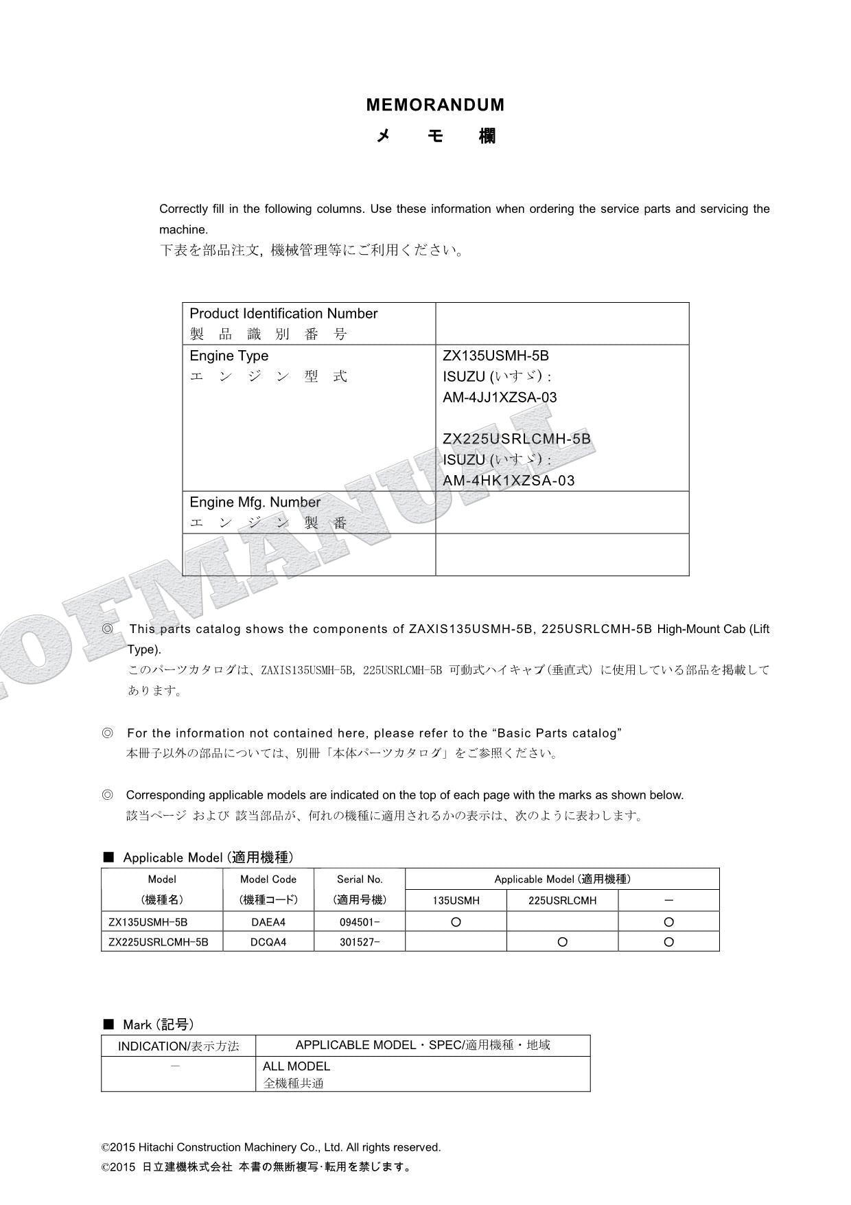 Manual del catálogo de piezas de la excavadora de cabina alta HITACHI ZX135USMH-5B