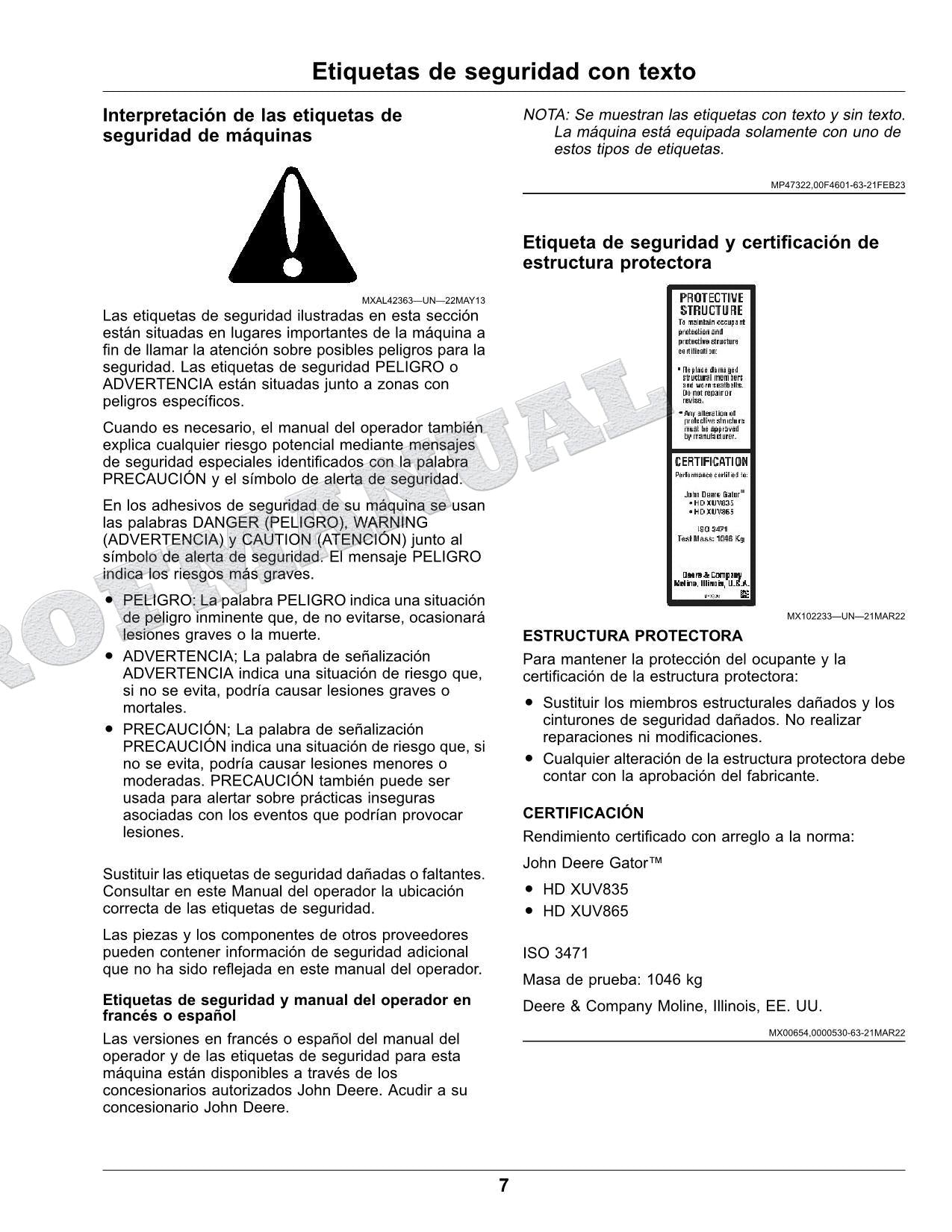 John Deere XUV 835E XUV 835R XUV 835M cocodrilo Manual del Operador 070001-
