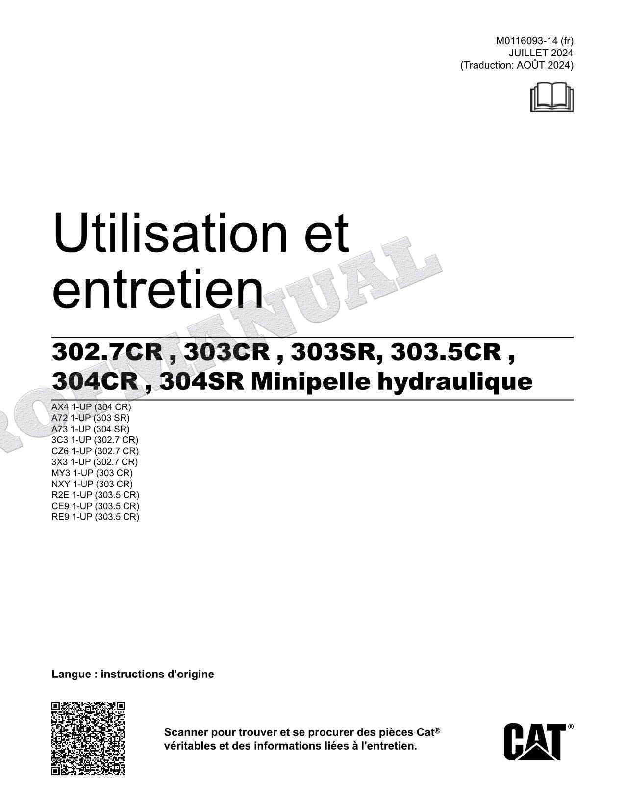 Caterpillar 303.5CR 304CR 304SR Pelle hydraulique Manuel D'Opération