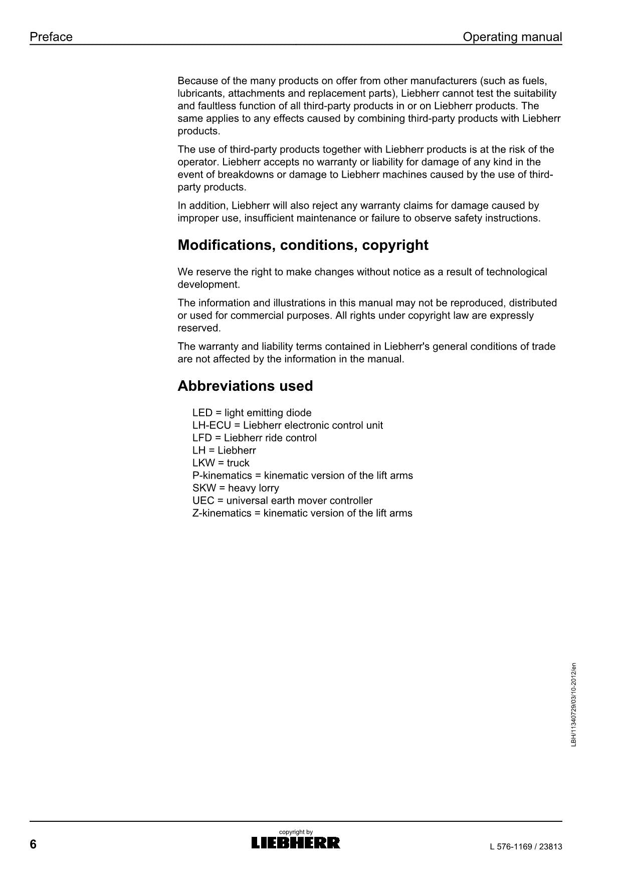 Liebherr L576-1169 Wheel Loader Operators manual