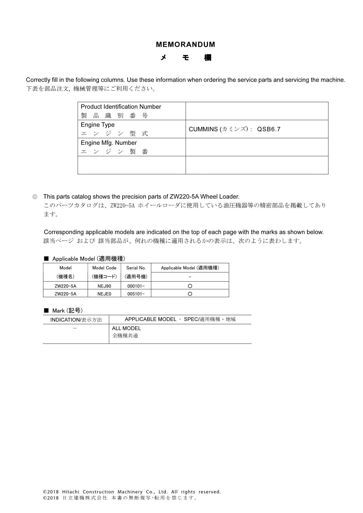Hitachi ZW220-5A Equipment Component Wheel Loader Parts Catalog Manual