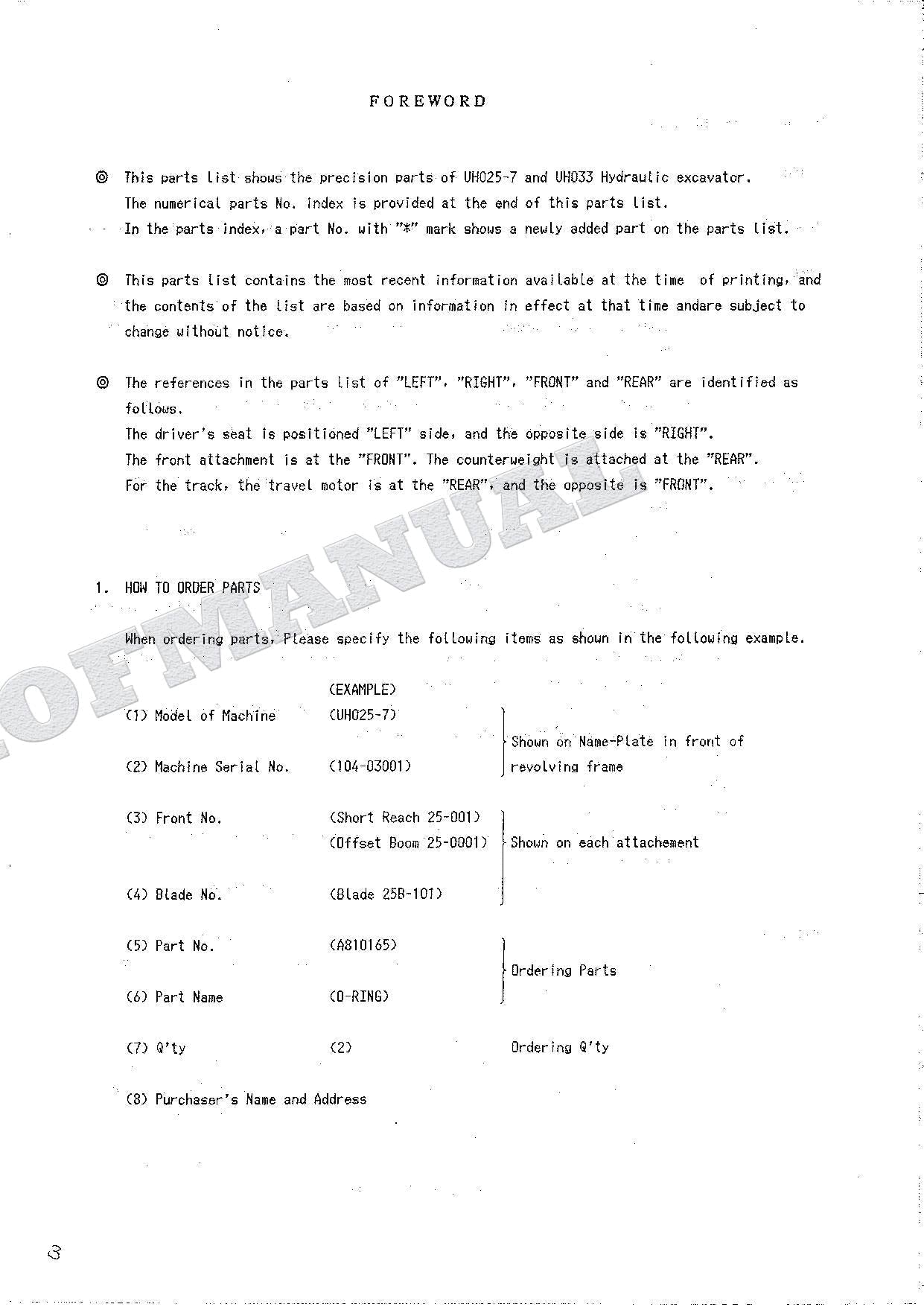 HITACHI UH025-7 UH033 Equipment Component Excavator Parts Catalog Manual