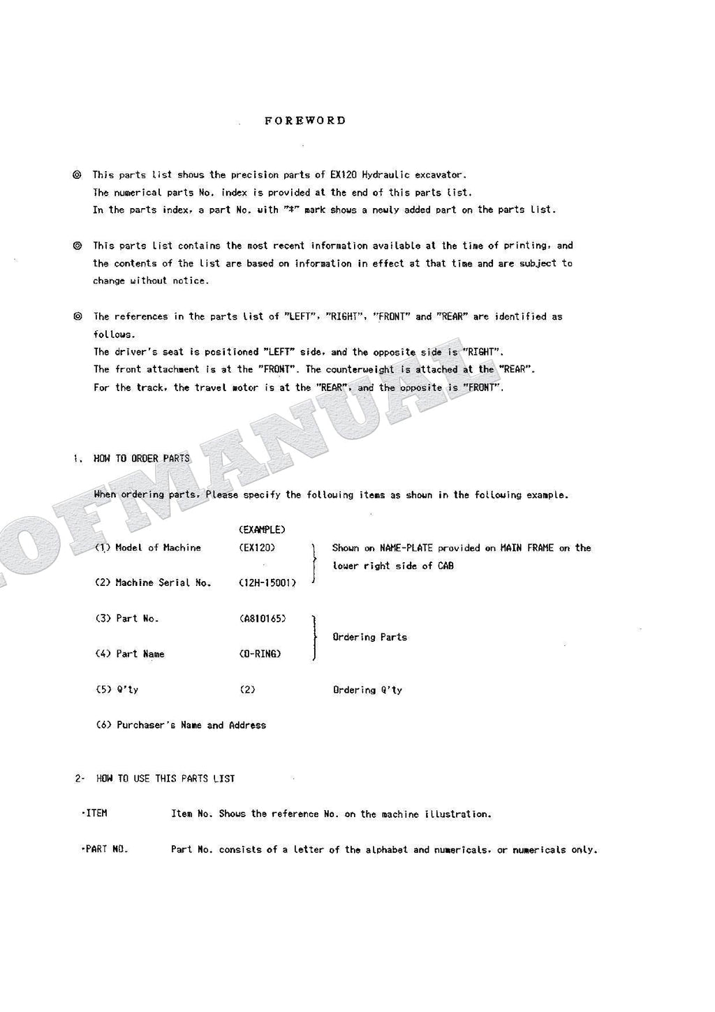 HITACHI EX120 Equipment Component Excavator Parts Catalog Manual SN 15001-
