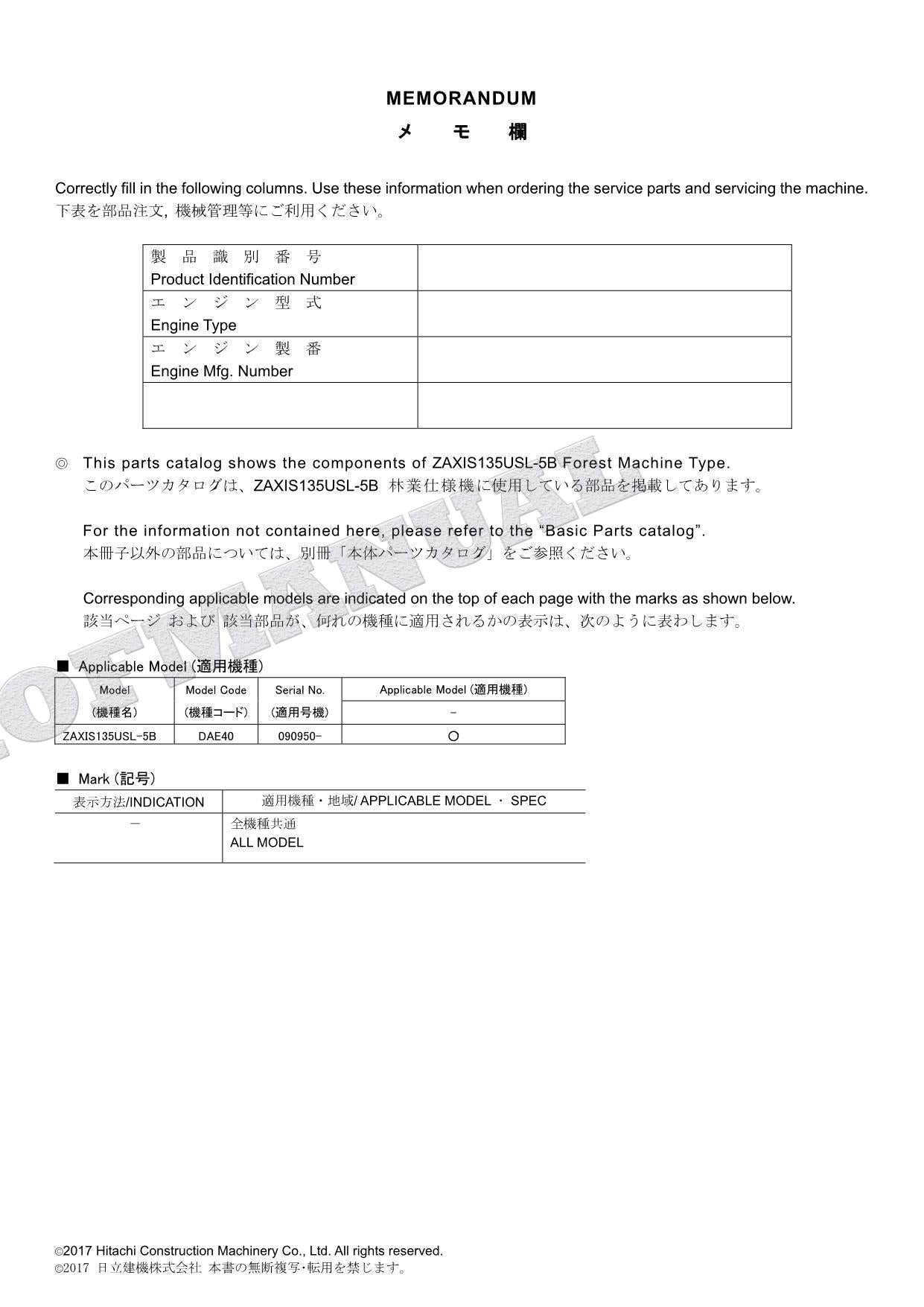 HITACHI ZAXIS ZX135USL-5B Forest Machine Type Excavator Parts Catalog Manual
