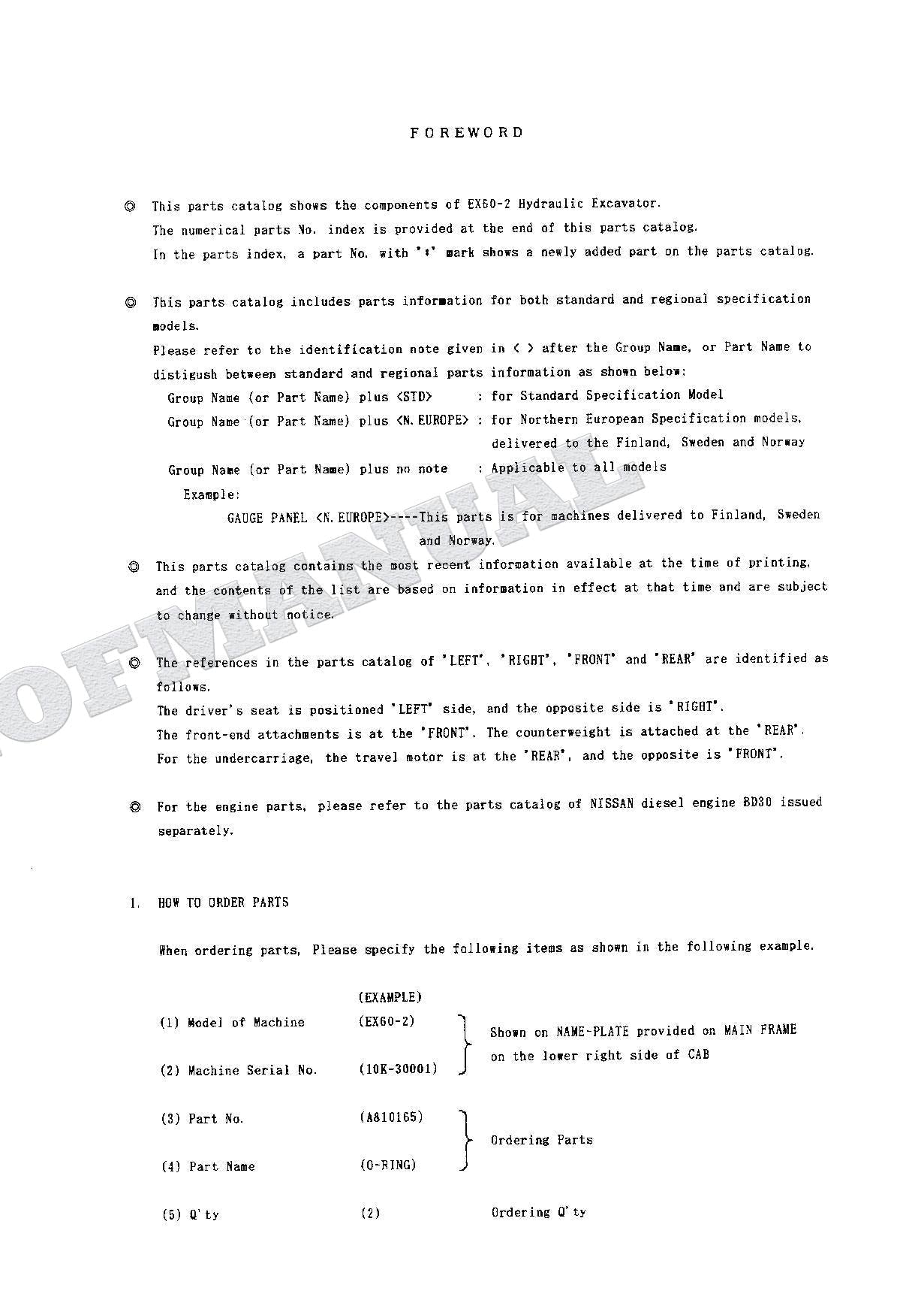 HITACHI EX60-2 Excavator Parts Catalog Manual SN 30001-