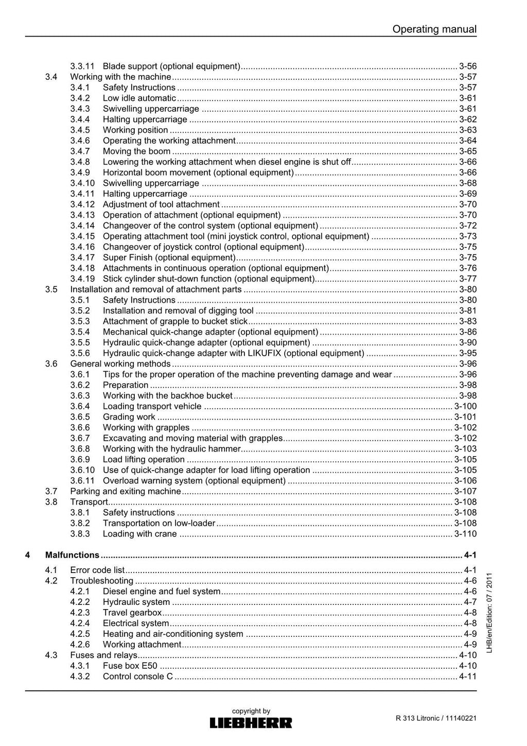 Liebherr R313 Litronic Excavator Operators manual serial 57082