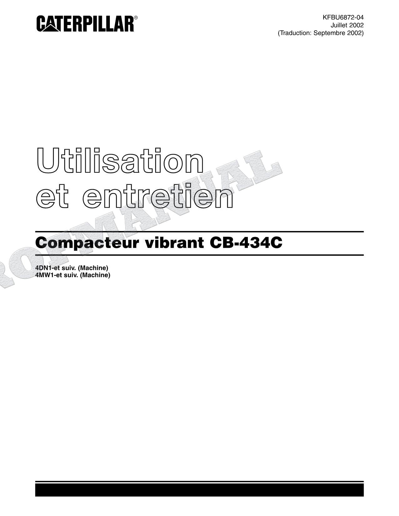 Caterpillar CB 434C Compacteur Manuel D'Opération Et D'Entretien Français