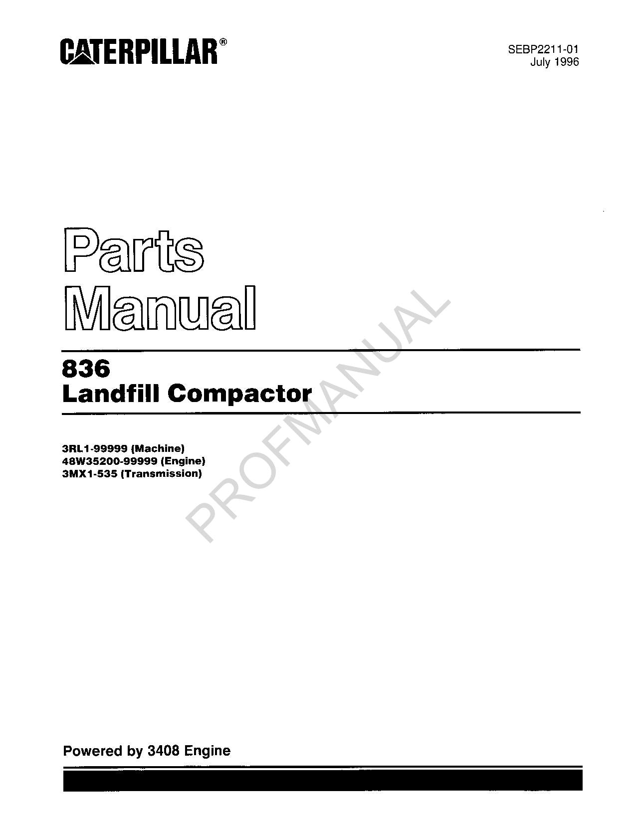 Caterpillar Cat 836 Landfill Compactor Parts Catalog Manual SEBP2211