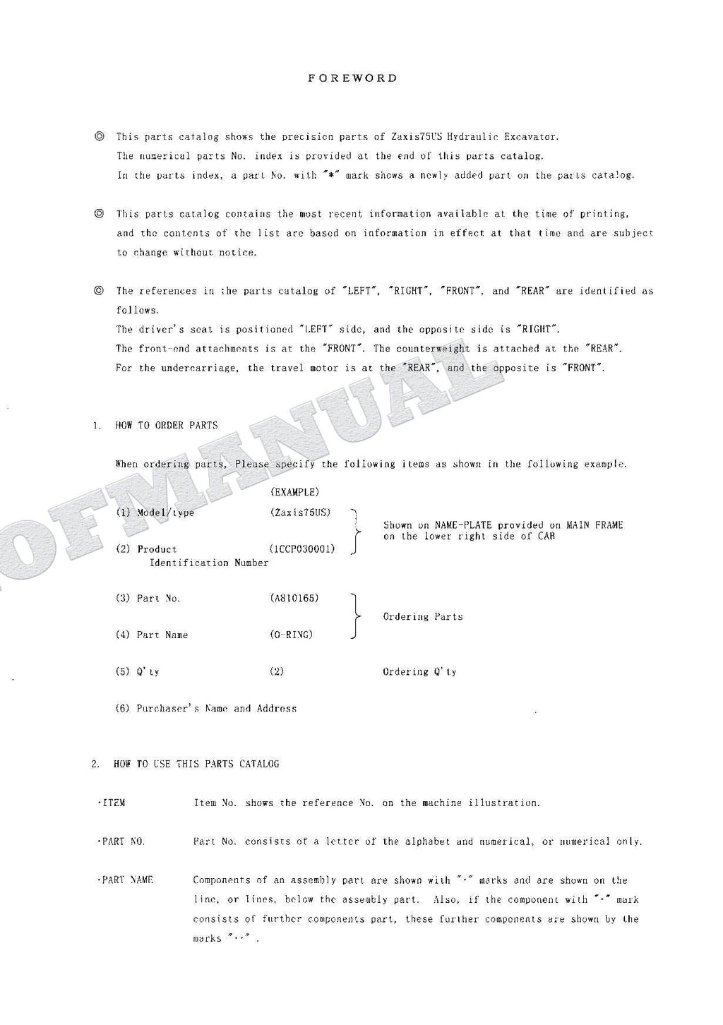 HITACHI ZAXIS ZX75US Equipment Component Excavator Parts Catalog Manual