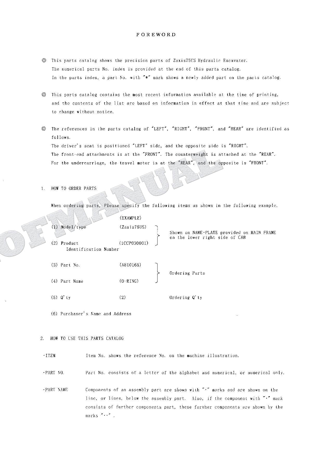 HITACHI ZAXIS ZX75US Equipment Component Excavator Parts Catalog Manual