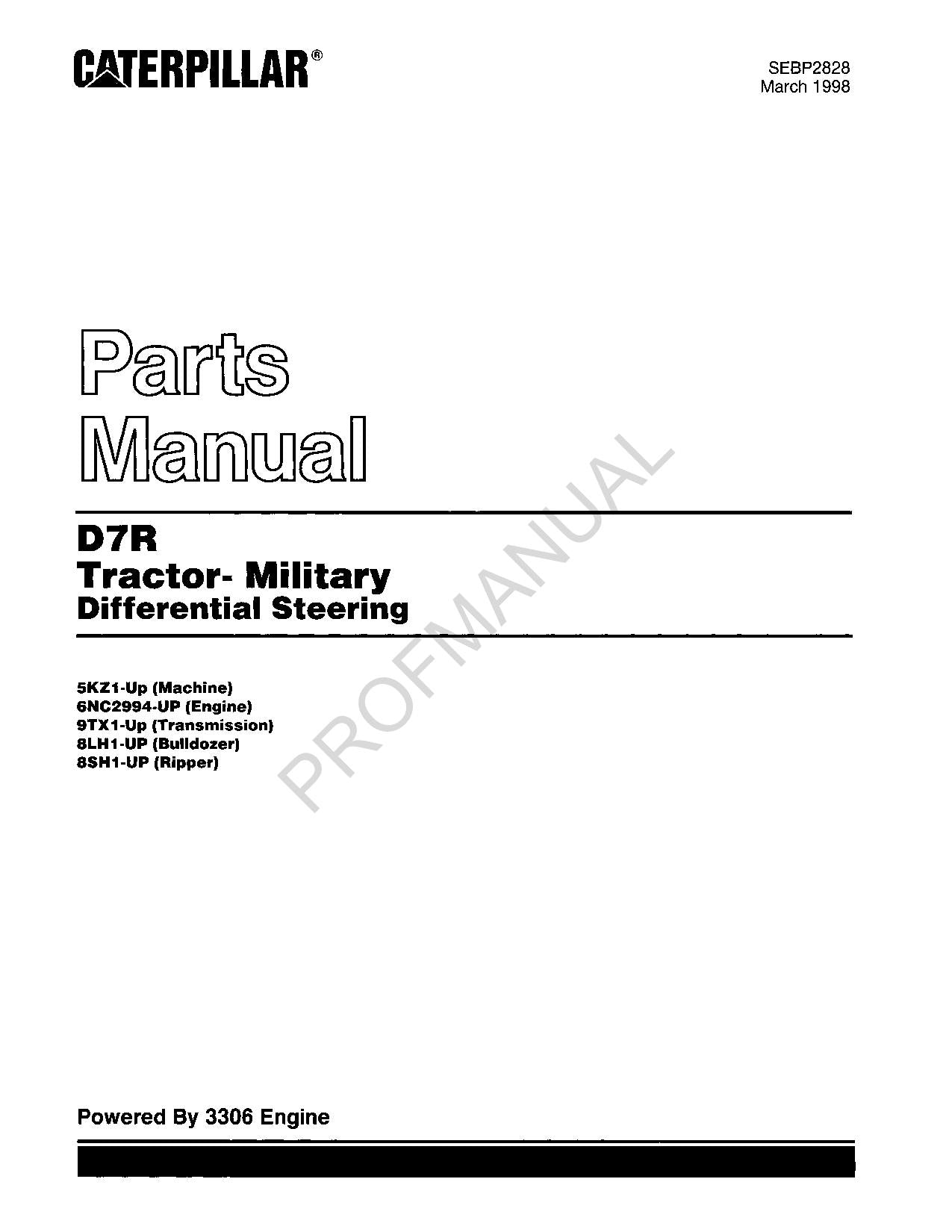 Caterpillar Cat D7R Tractor Military Differential Steering Parts Catalog Manual