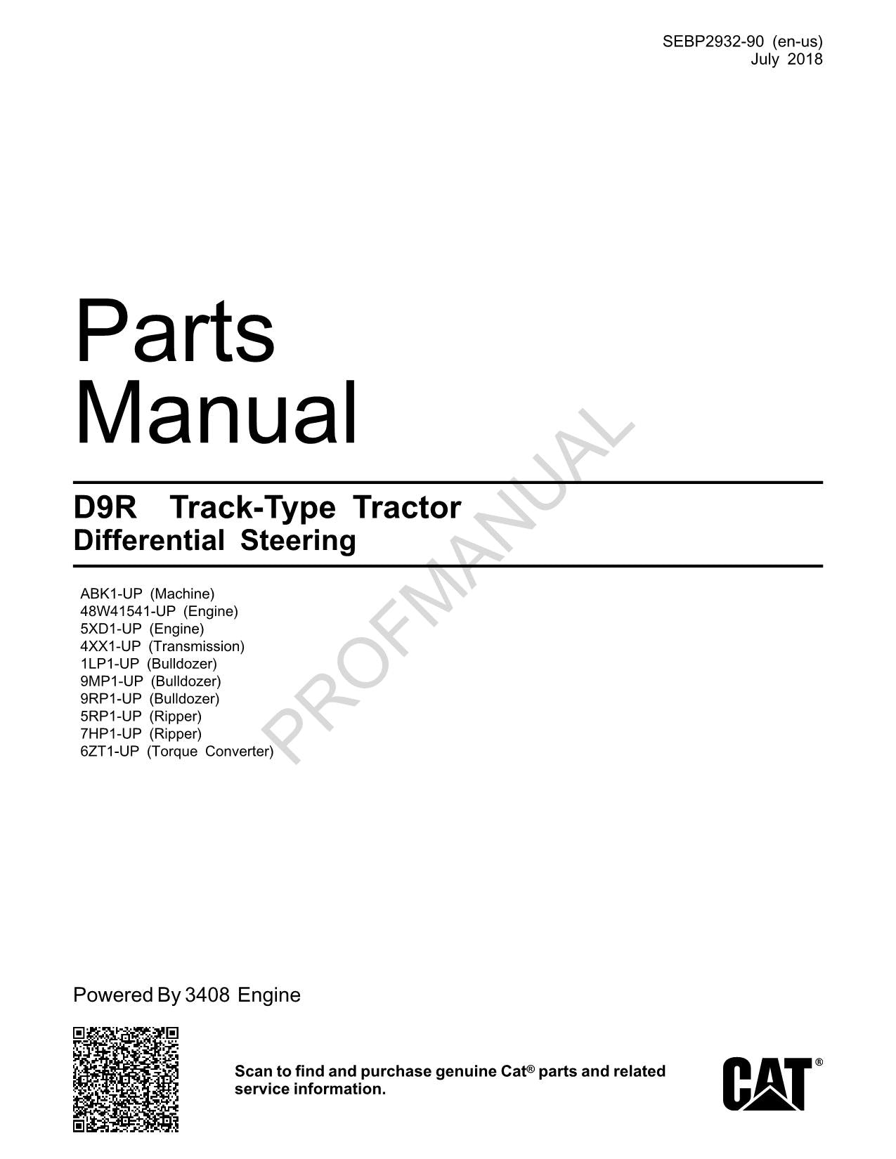 Caterpillar Cat D9R Track Type Tractor Parts Catalog Manual SEBP2932