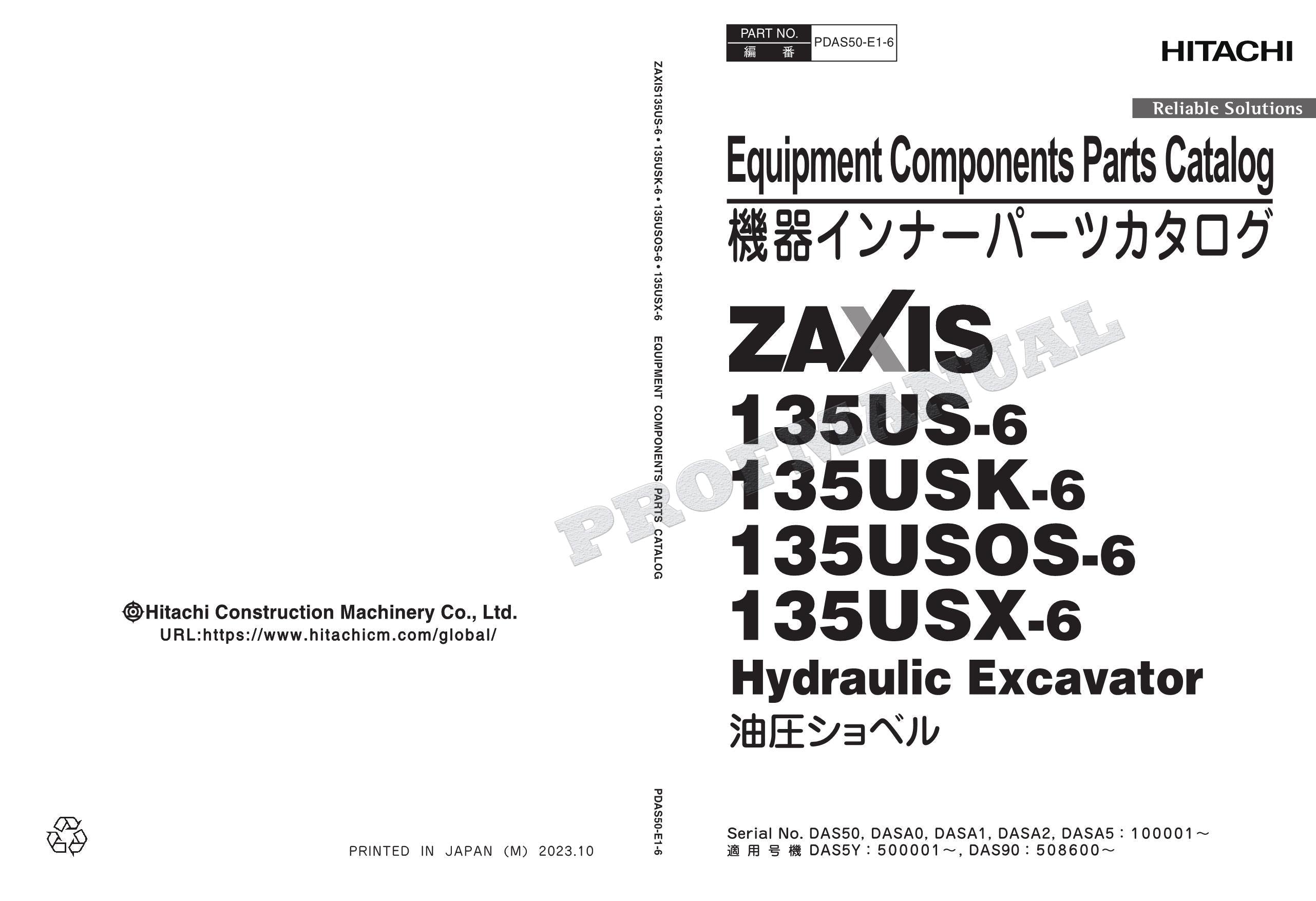 Manual del catálogo de piezas de excavadoras de componentes de equipos de la serie HITACHI ZX135US-6