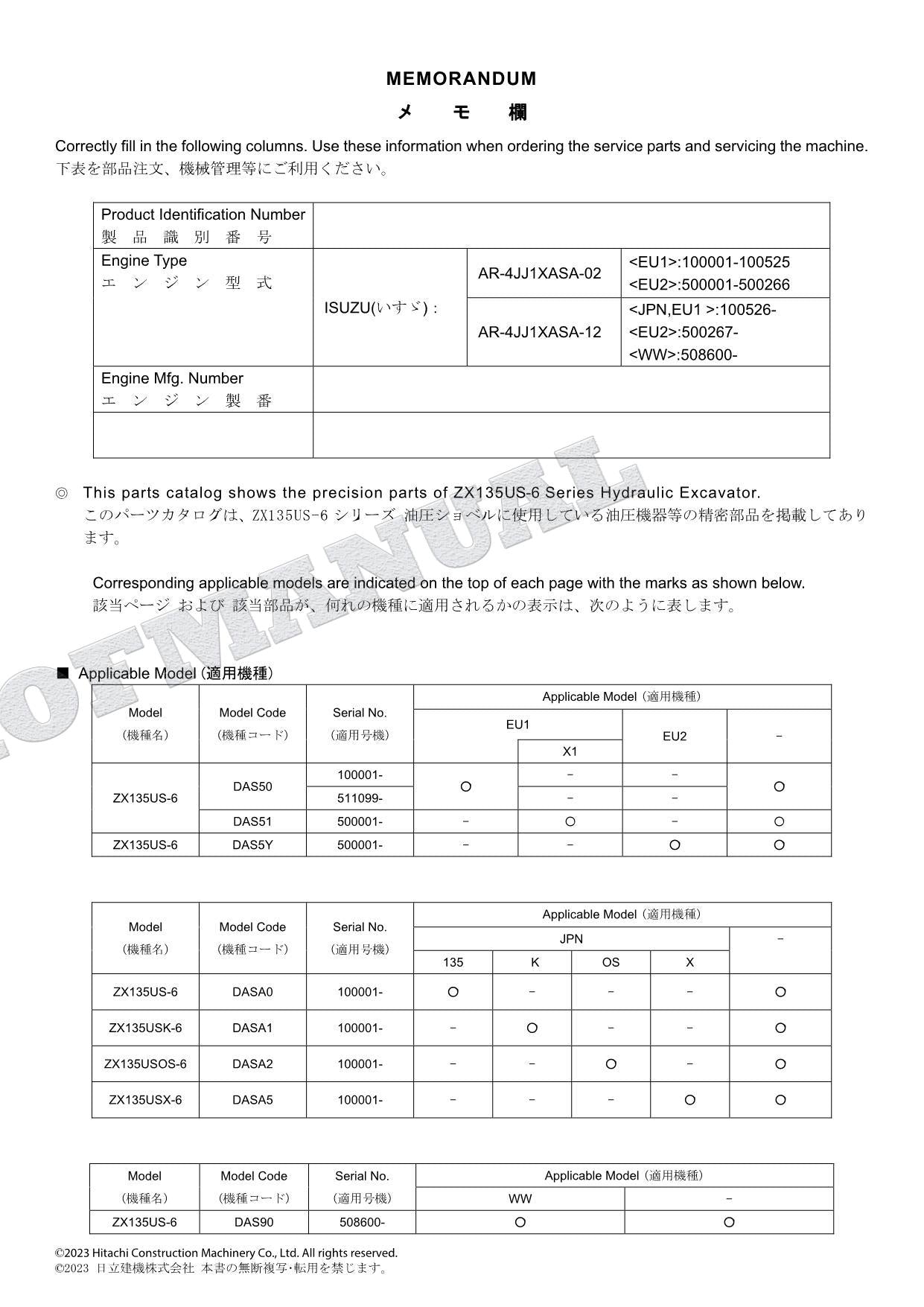 Manual del catálogo de piezas de excavadoras de componentes de equipos de la serie HITACHI ZX135US-6