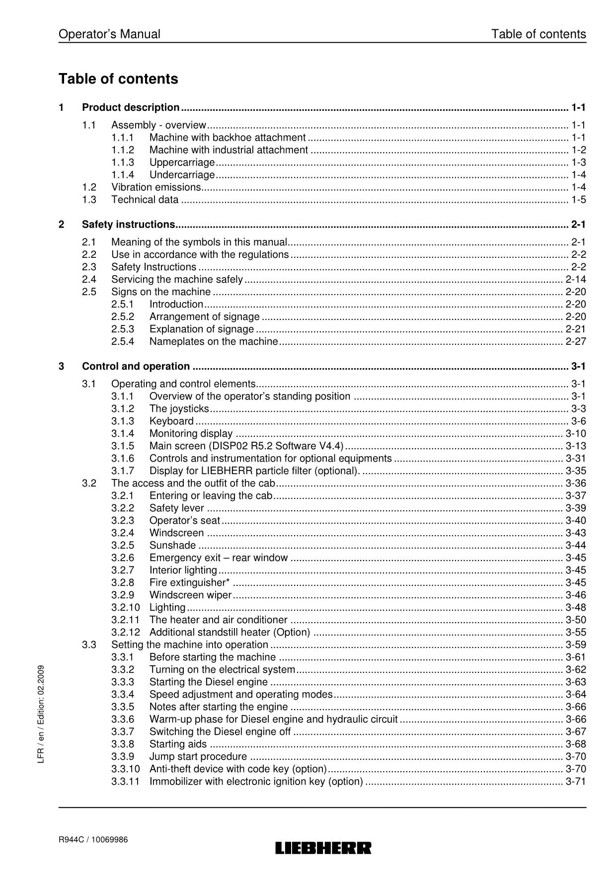 Liebherr R944 C Excavator Operators manual serial 22915