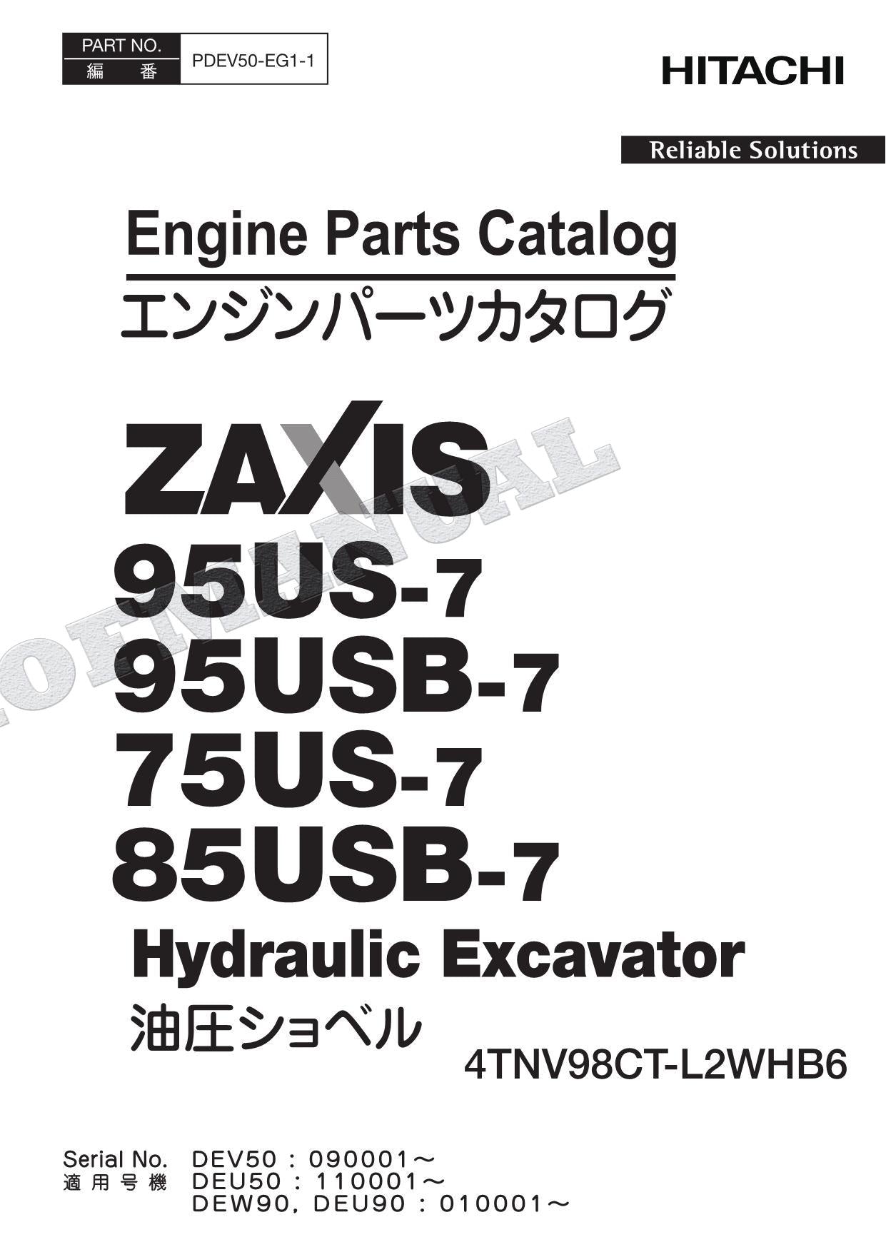 Manual del catálogo de piezas del motor HITACHI ZX75US-7 ZX85USB-7 4TNV98CT-L2WHB6