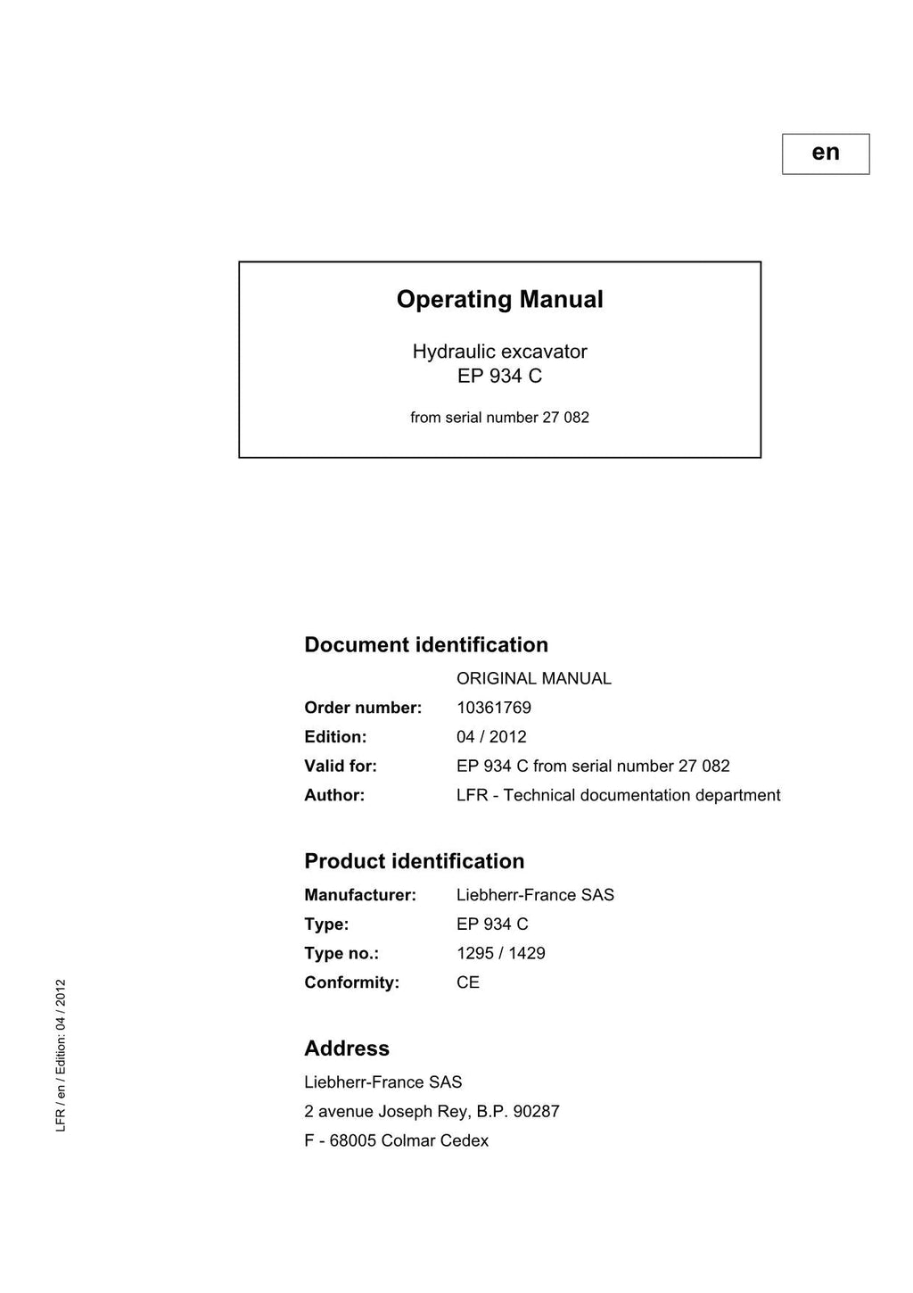 Liebherr EP934 C Excavator Operators manual