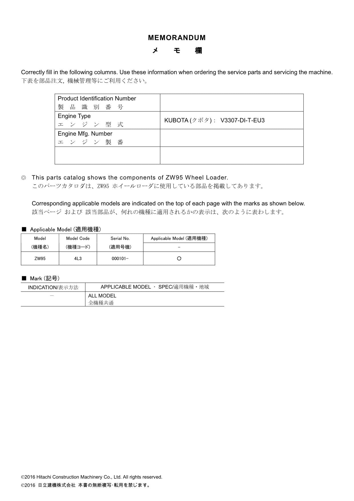Hitachi ZW95 Wheel Loader Parts Catalog Manual SN 000101-up