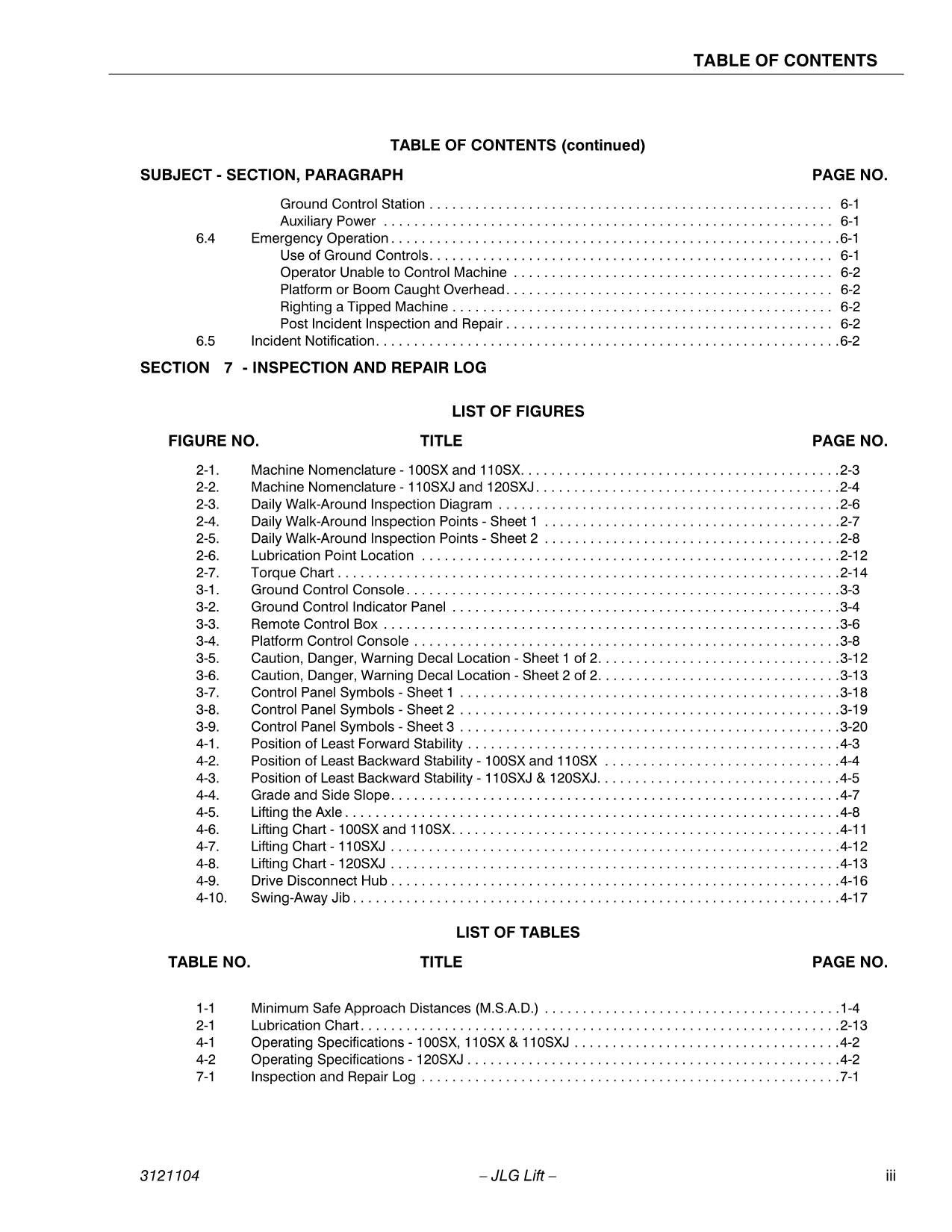 Manual del operador de mantenimiento de plataformas elevadoras JLG 100SX 110SX 110SXJ 120SXJ 3121104