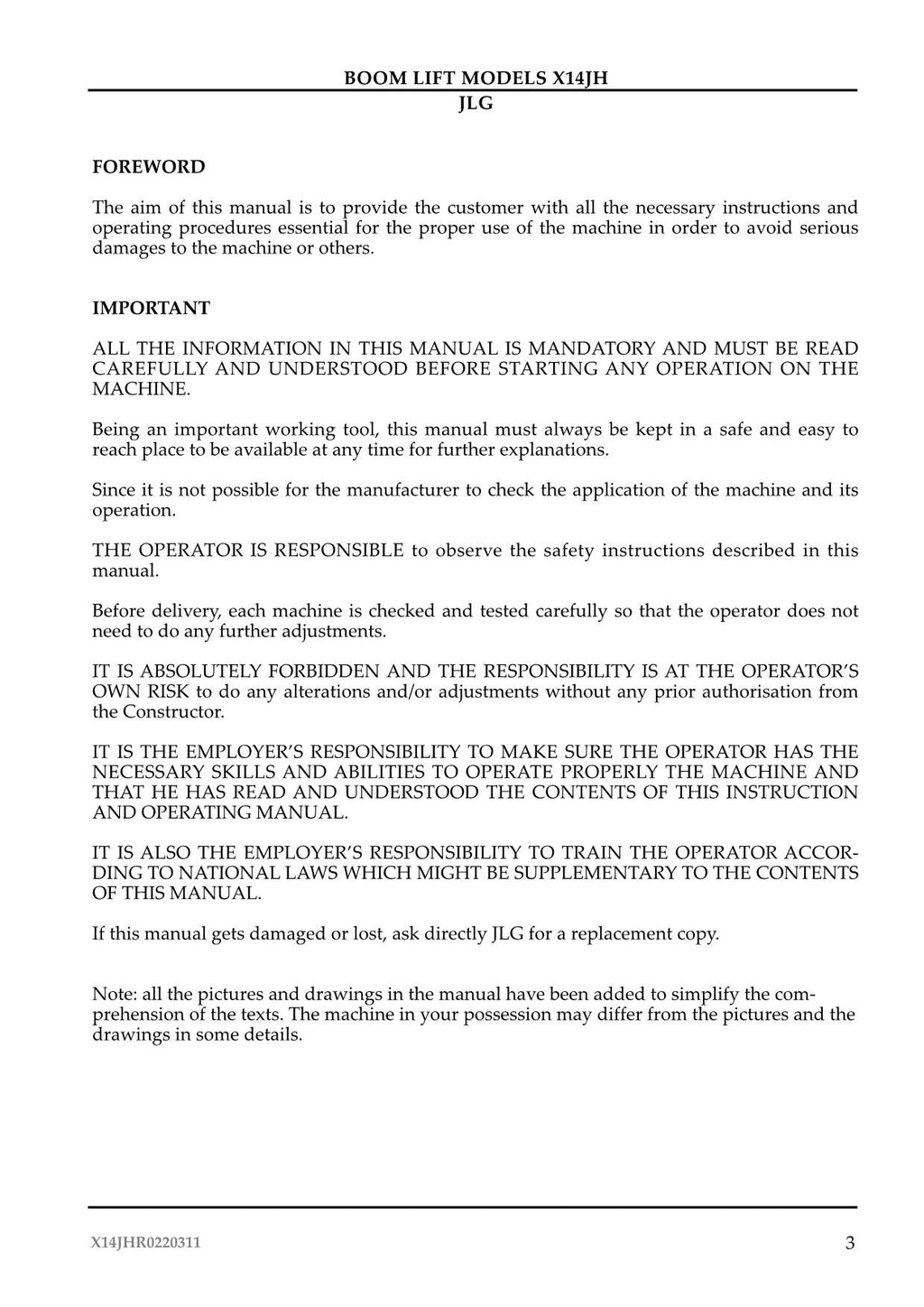 JLG X14JH Compact Crawler Boom Maintenance Operation Operators Manual