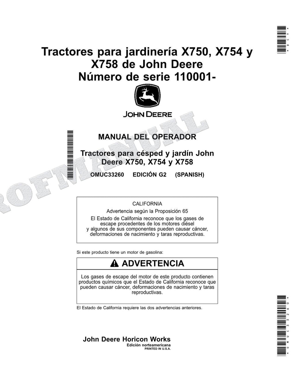 John Deere X750 X754 X758 Tractor Manual del Operador Español SN 110001-