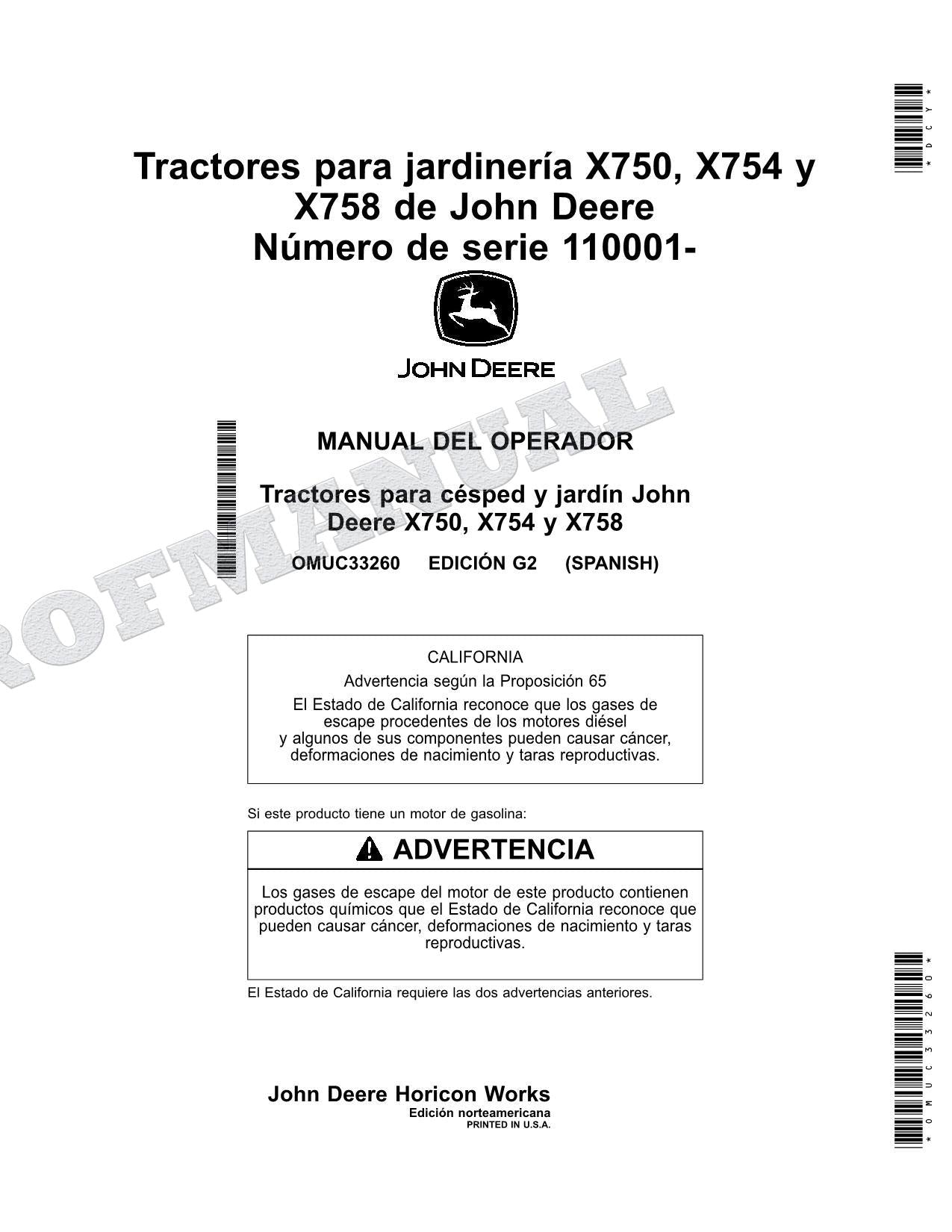John Deere X750 X754 X758 Tractor Manual del Operador Español SN 110001-