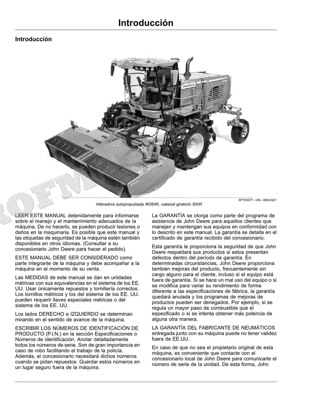 John Deere W235R W260R hileradora Manual del Operador Español SN -509999