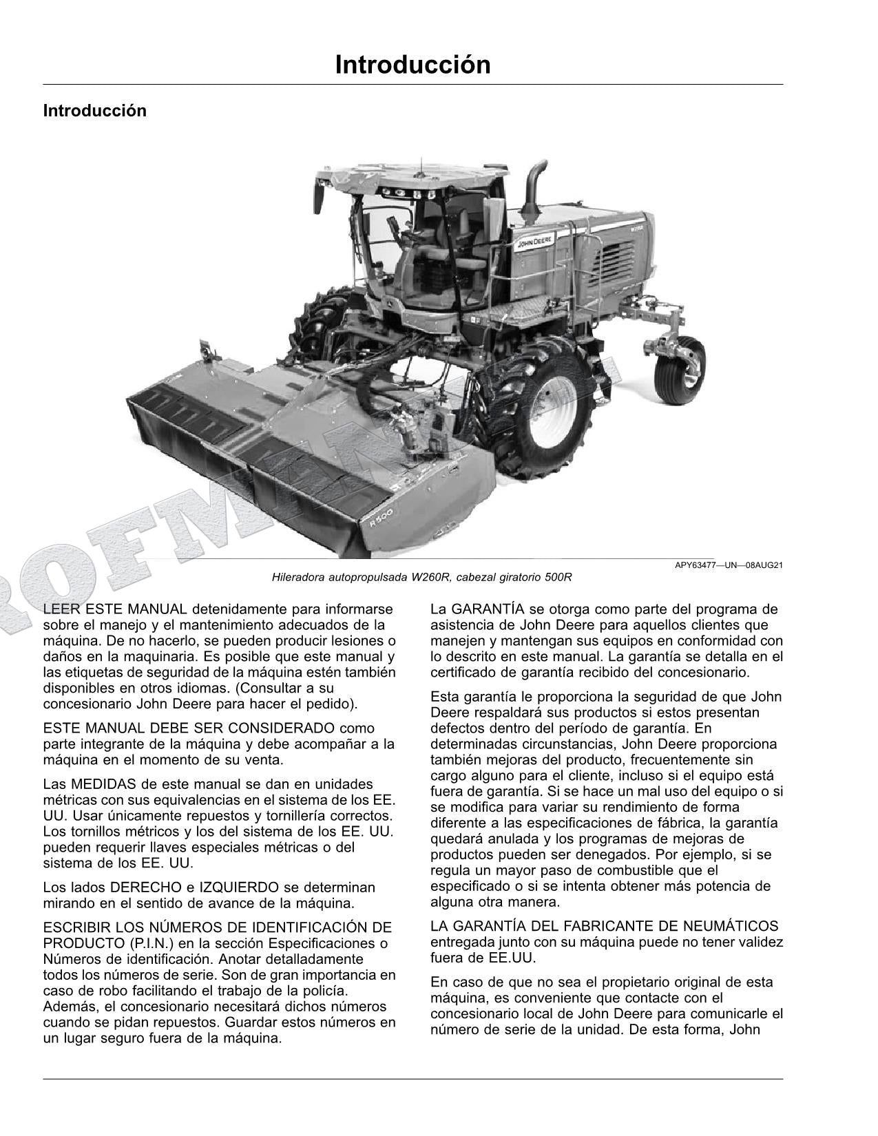 John Deere W235R W260R hileradora Manual del Operador Español SN -509999