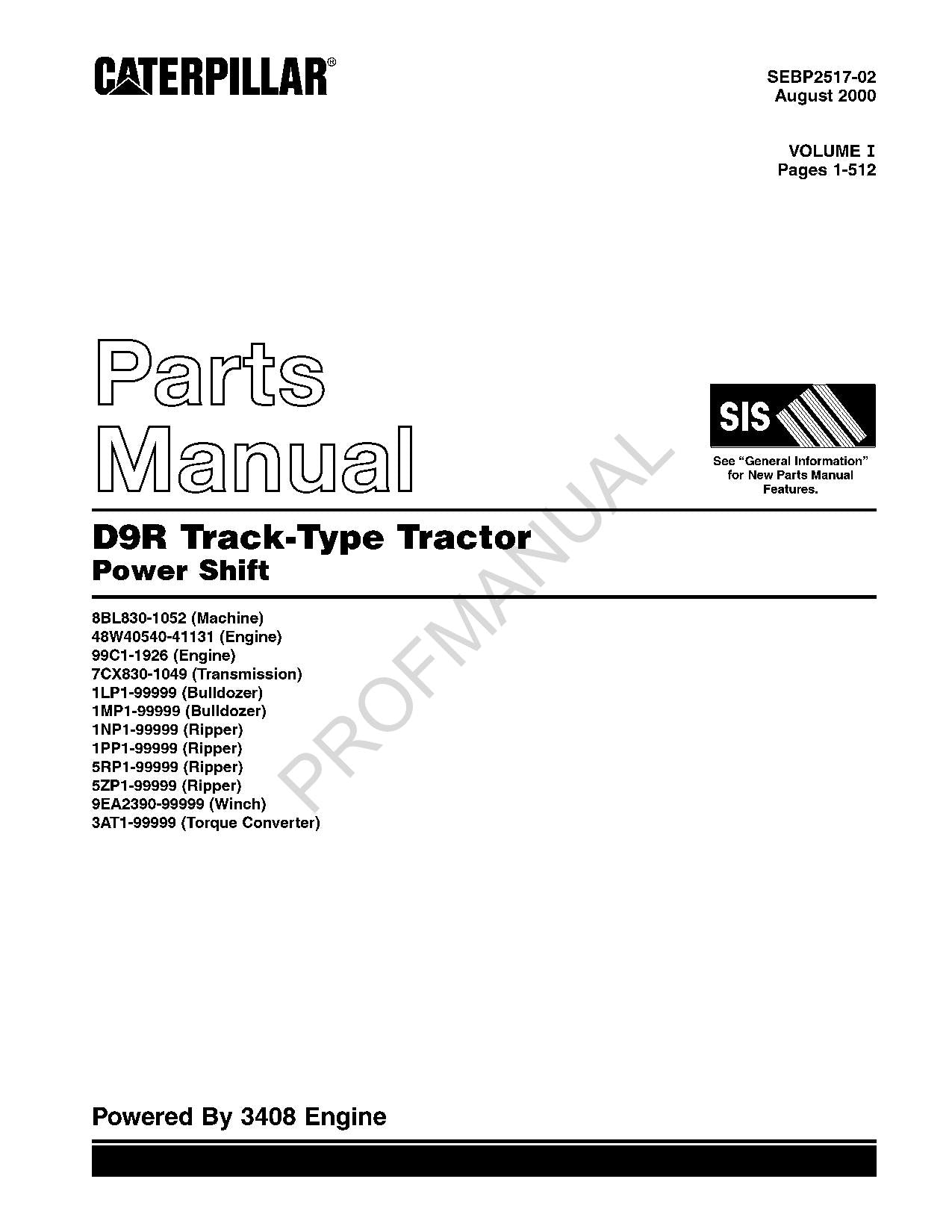 Caterpillar Cat D9R Track Type Tractor Power Shift Parts Catalog Manual SEBP2517