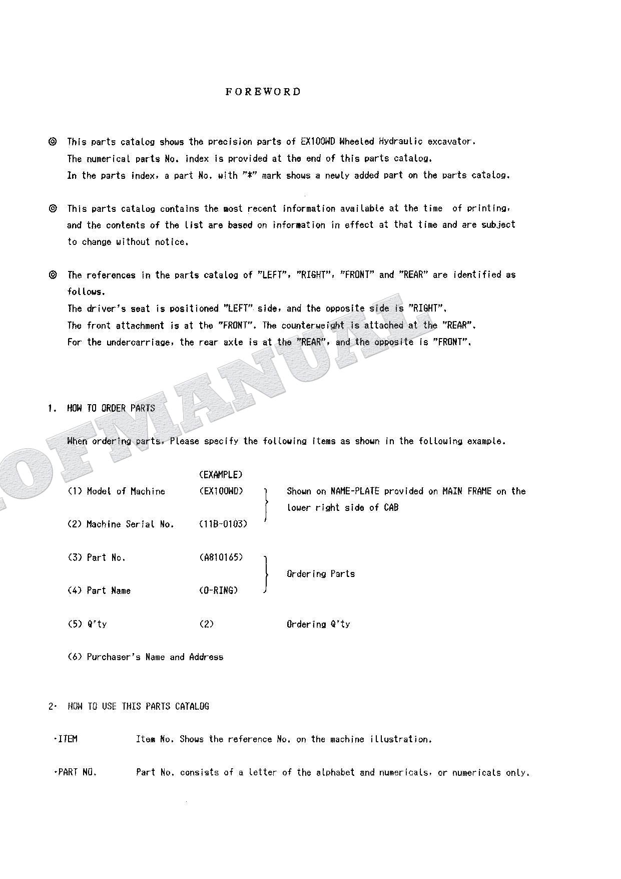 HITACHI EX100WD Equipment Component Excavator Parts Catalog Manual