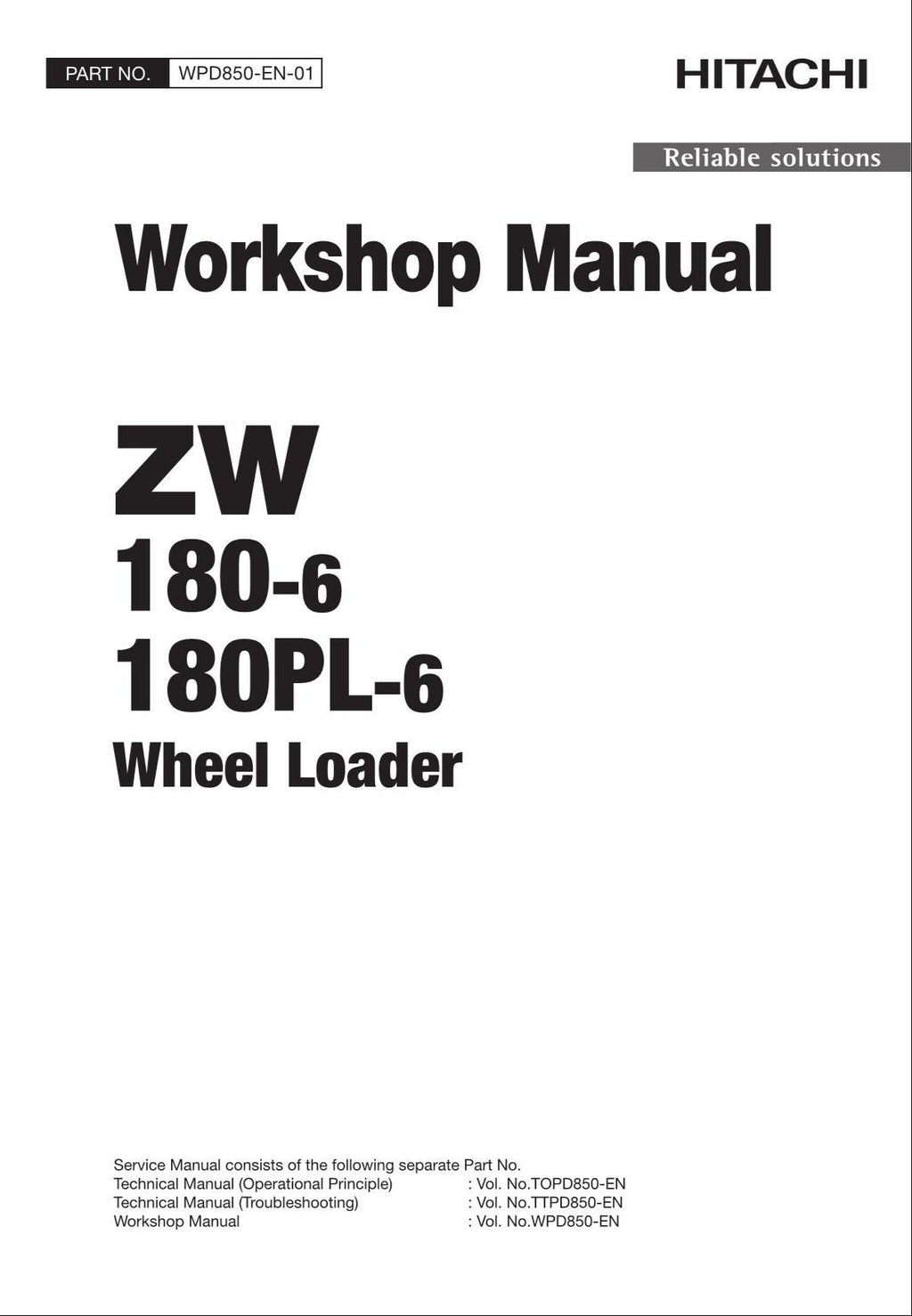 Hitachi ZW180-6 ZW180PL-6 Wheel Loader Workshop Manual