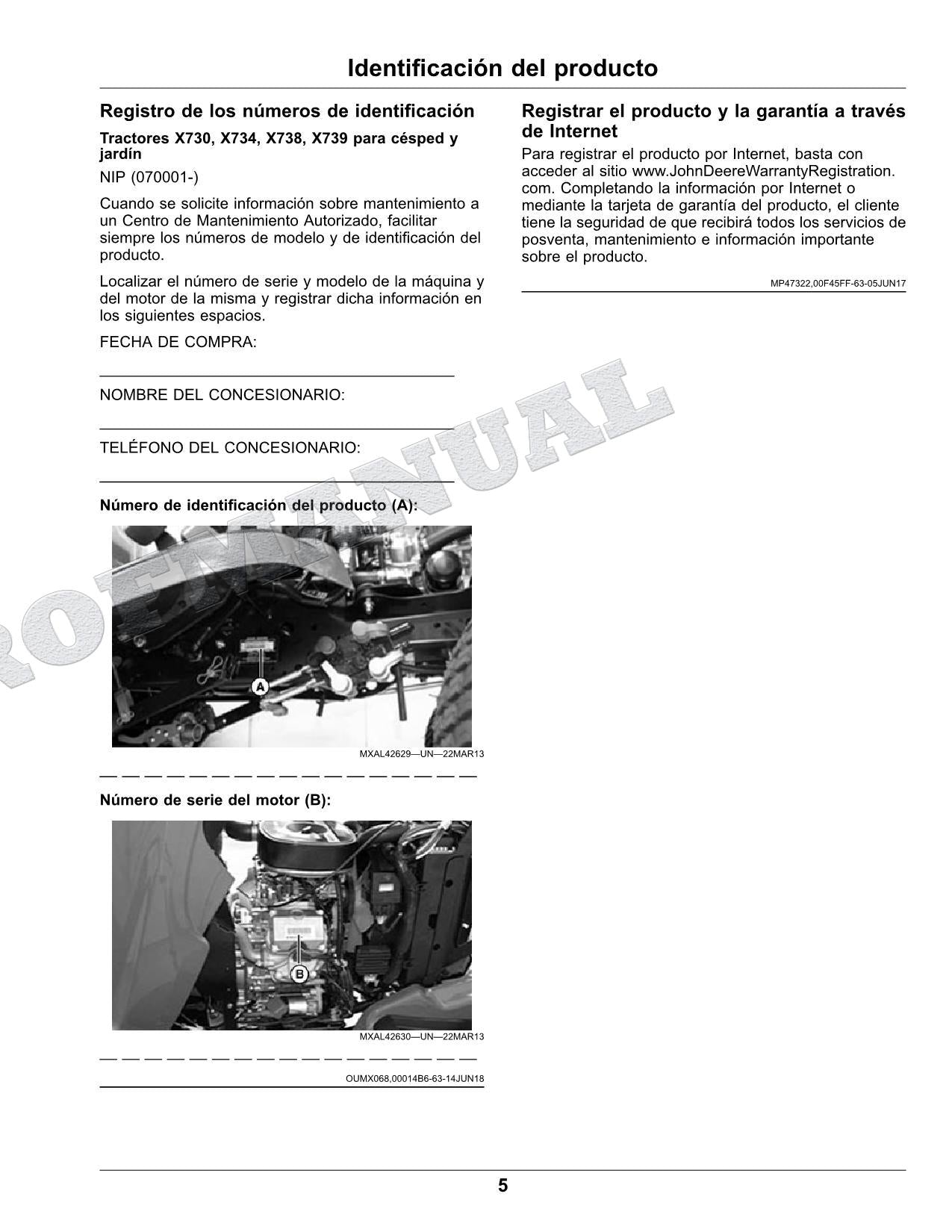 John Deere X730 X734 X738 X739 Tractor Manual del Operador Español SN 070001-
