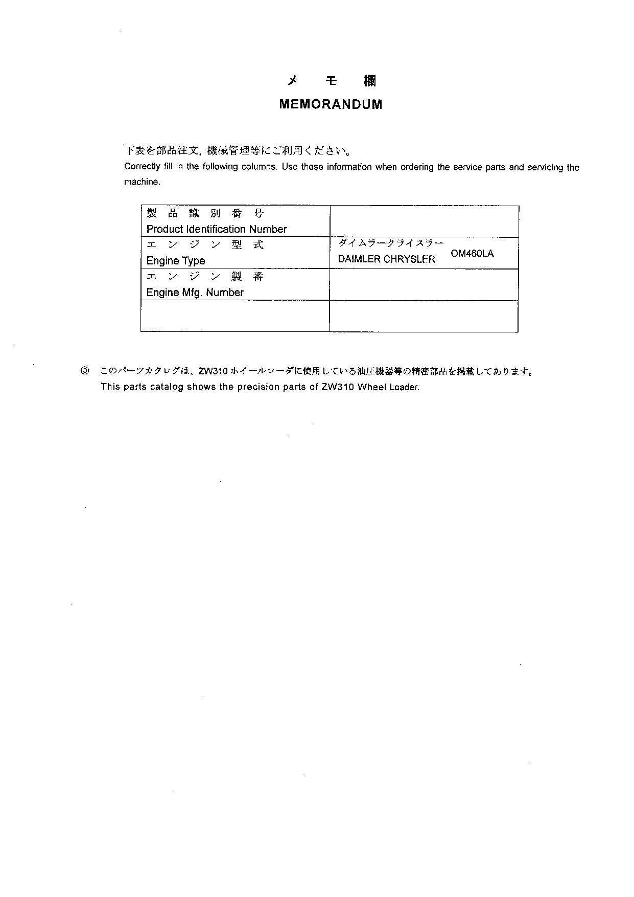 Hitachi ZW310 Wheel Loader Equipment Component Parts Catalog Manual