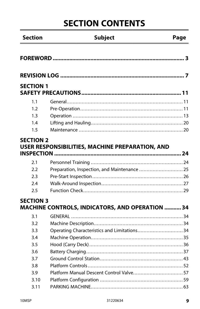 JLG 10MSP Vertical Mast Maintenance Operation Operators Manual 31220634