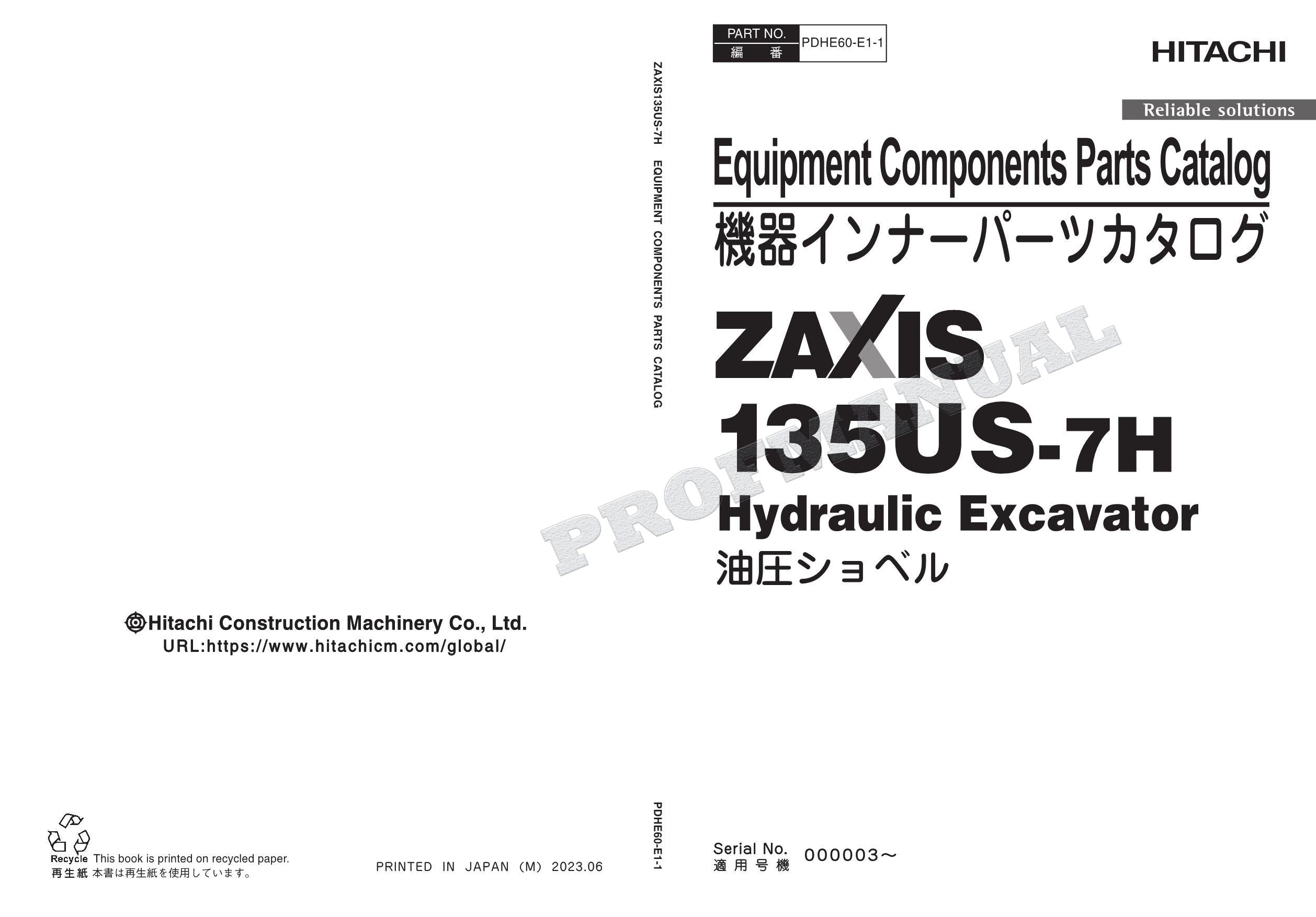 Catálogo de piezas de excavadoras HITACHI ZX135US-7H NA Spec Equipment Component Manual