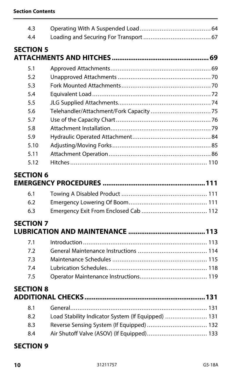 Manual del operador de mantenimiento y operación del manipulador telescópico JLG G5-18A 31211757