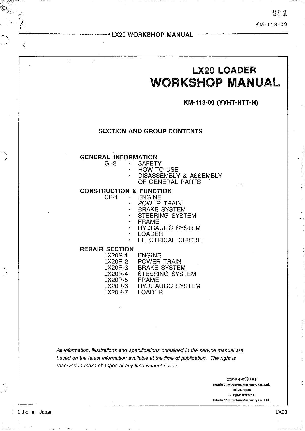Hitachi LX20 Wheel Loader Workshop Manual