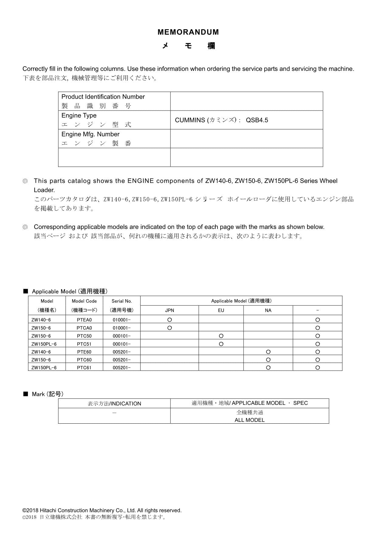 Hitachi ZW140-6 ZW150-6 ZW150PL-6 QSB4.5 Eng Wheel Loader Parts Catalog Manual