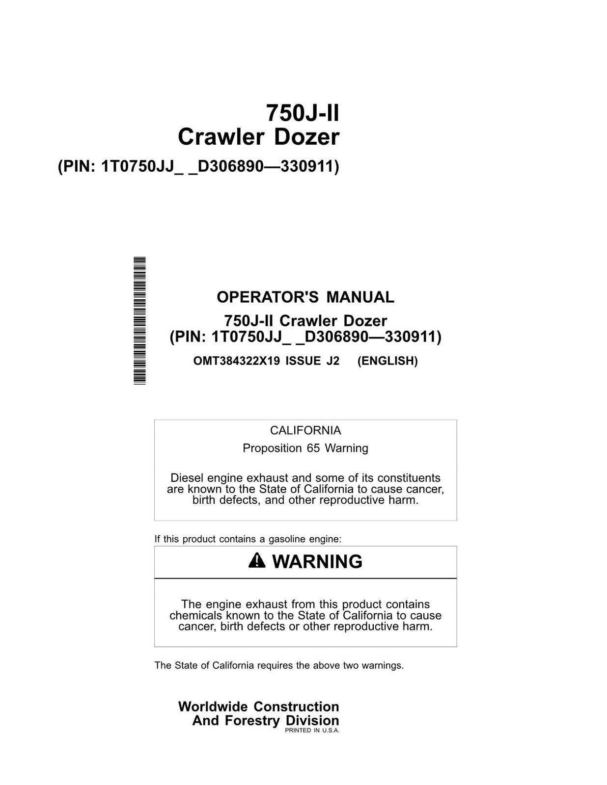 JONH DEERE 750J-II 750JII CRAWLER DOZER OPERATORS MANUAL