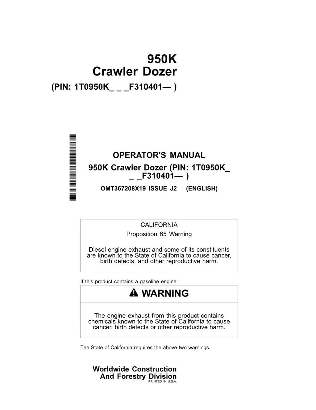 JONH DEERE 950K CRAWLER DOZER OPERATORS MANUAL #2