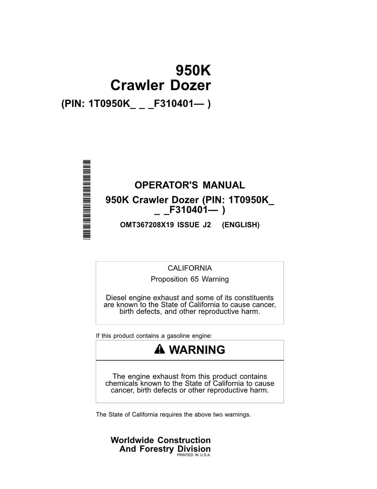 JONH DEERE 950K CRAWLER DOZER OPERATORS MANUAL #2