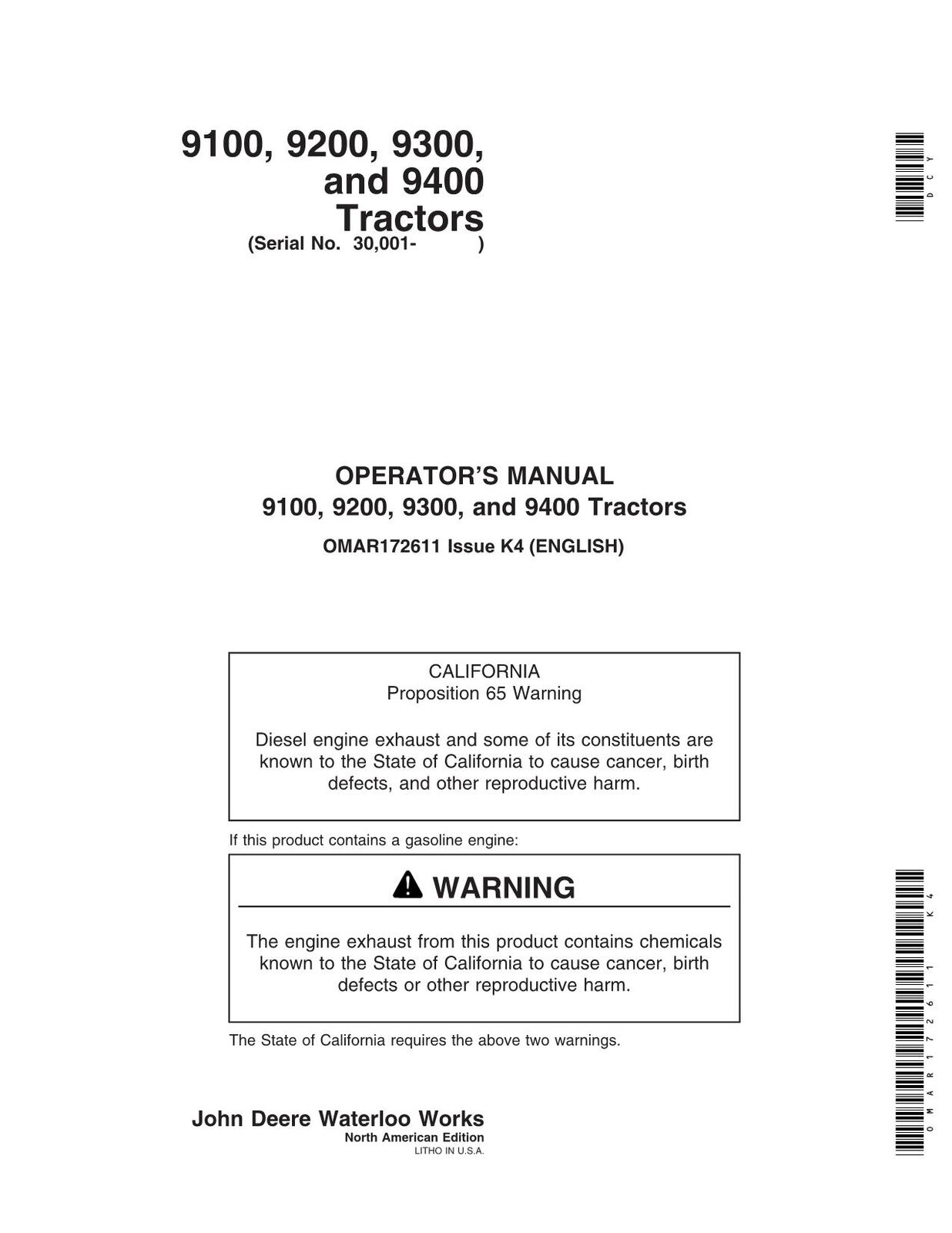 MANUAL DEL OPERADOR DEL TRACTOR JOHN DEERE 9100 9200 9300 9400 N.° 1