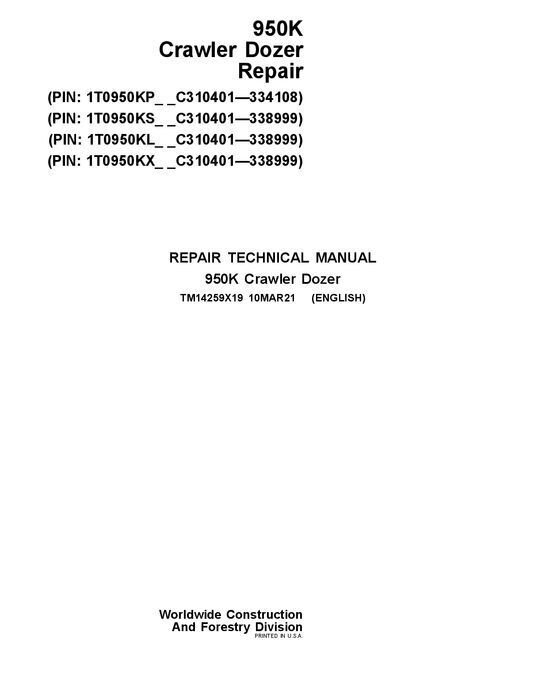 JOHN DEERE 950K CRAWLER DOZER REPAIR SERVICE MANUAL #2