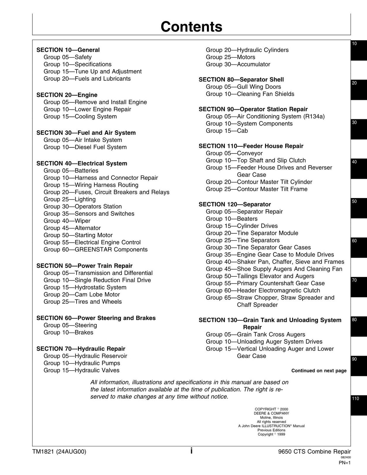 MANUAL TÉCNICO DE REPARACIÓN Y SERVICIO DE LA COSECHADORA JOHN DEERE 9650 CTS TM1821 SN 0-690400 