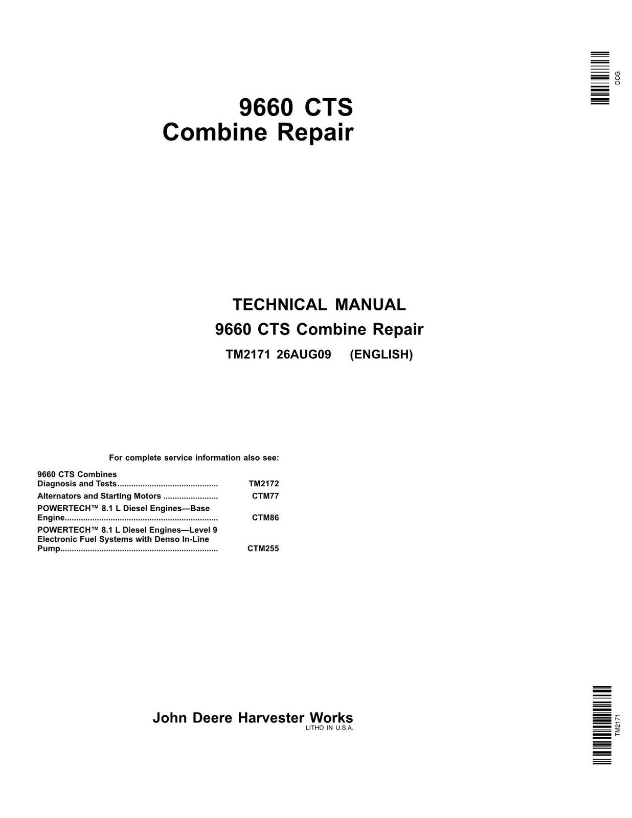 JOHN DEERE 9660 CTS COMBINE SERVICE MANUAL #1