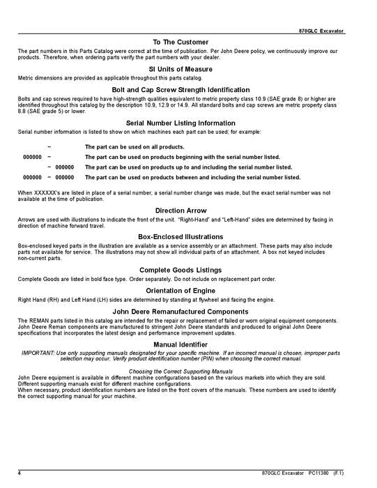 MANUAL DEL CATÁLOGO DE PIEZAS DE LA EXCAVADORA JOHN DEERE 870GLC 1FF870GX -- F890001-