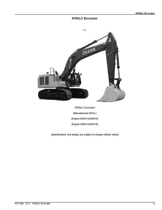 MANUAL DEL CATÁLOGO DE PIEZAS DE LA EXCAVADORA JOHN DEERE 870GLC 1FF870GX -- F890001-