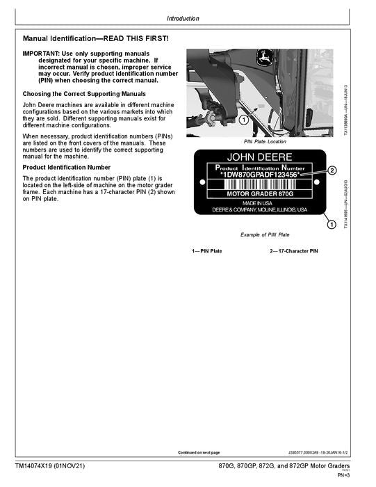 JOHN DEERE 870G 870GP 872G 872GP GRADER REPAIR SERVICE MANUAL TM14074X19