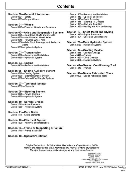JOHN DEERE 870G 870GP 872G 872GP GRADER REPAIR SERVICE MANUAL TM14074X19