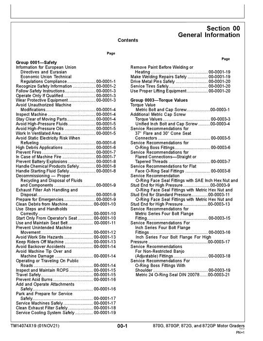 JOHN DEERE 870G 870GP 872G 872GP GRADER REPAIR SERVICE MANUAL TM14074X19